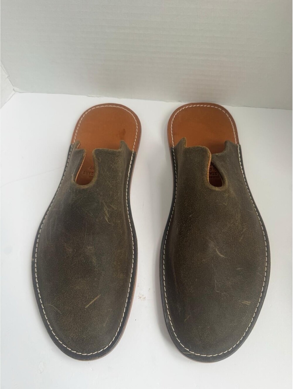 WP Standard Mr. Grumpy Leather Slippers—Olive Suede/Tan Leather|Size MXL 12-13.5